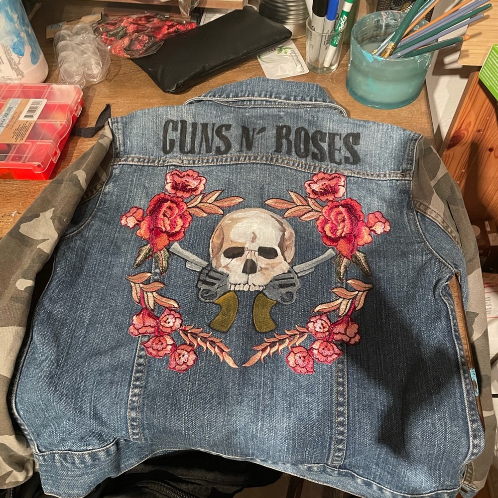 Camo denim jacket. Hand painted and embroidered Guns N Roses custom